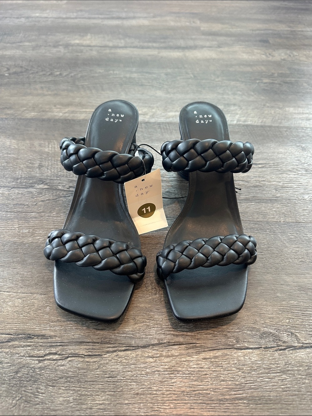 a new day 11 Black Braided Double-Strap Slides w/Python Print Round Stacked Heel